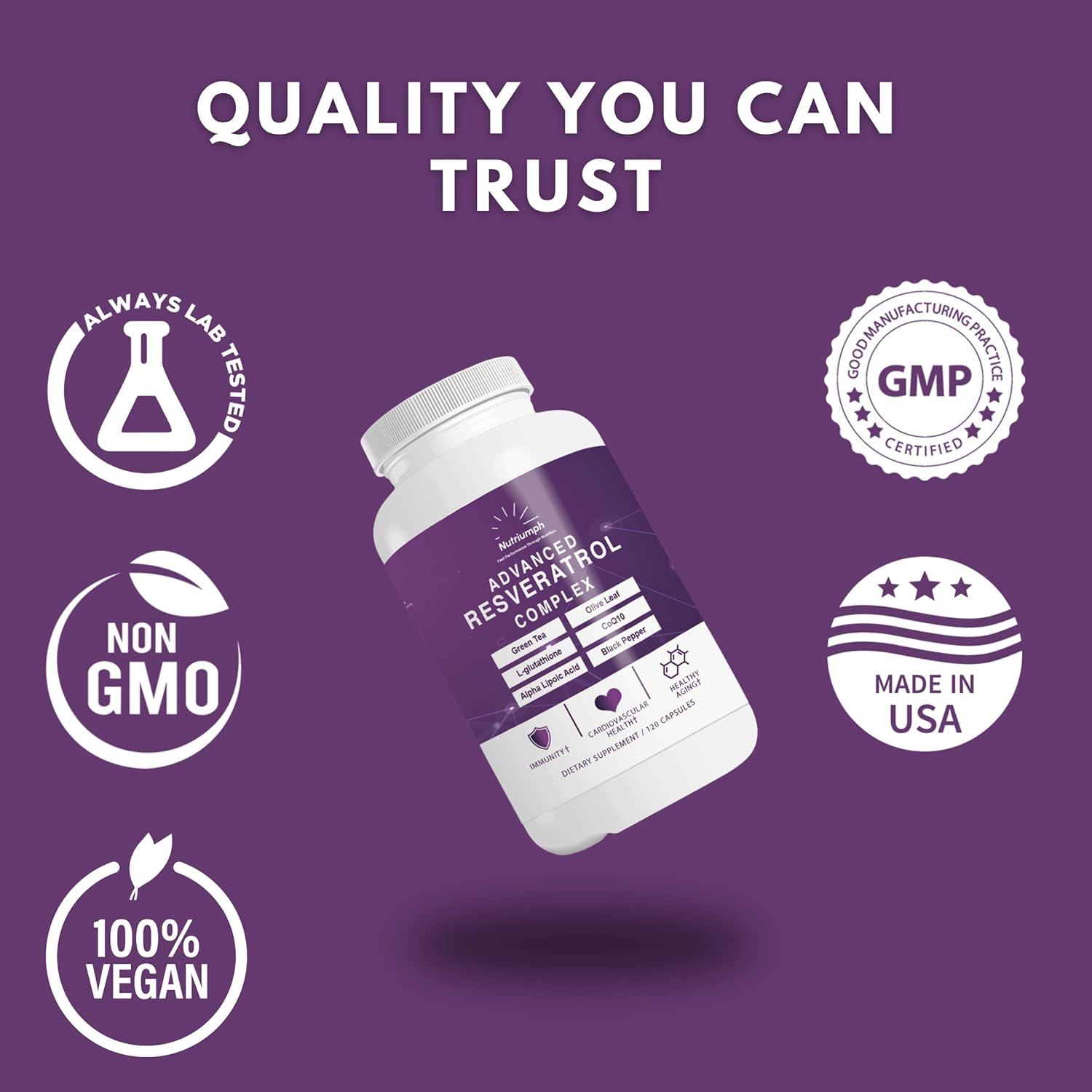 Nutriumph Resveratrol Complex with CoQ10, Olive Leaf, Green Tea, L-Glutathione, Alpha Lipoic Acid & Black Pepper - 120 Capsules