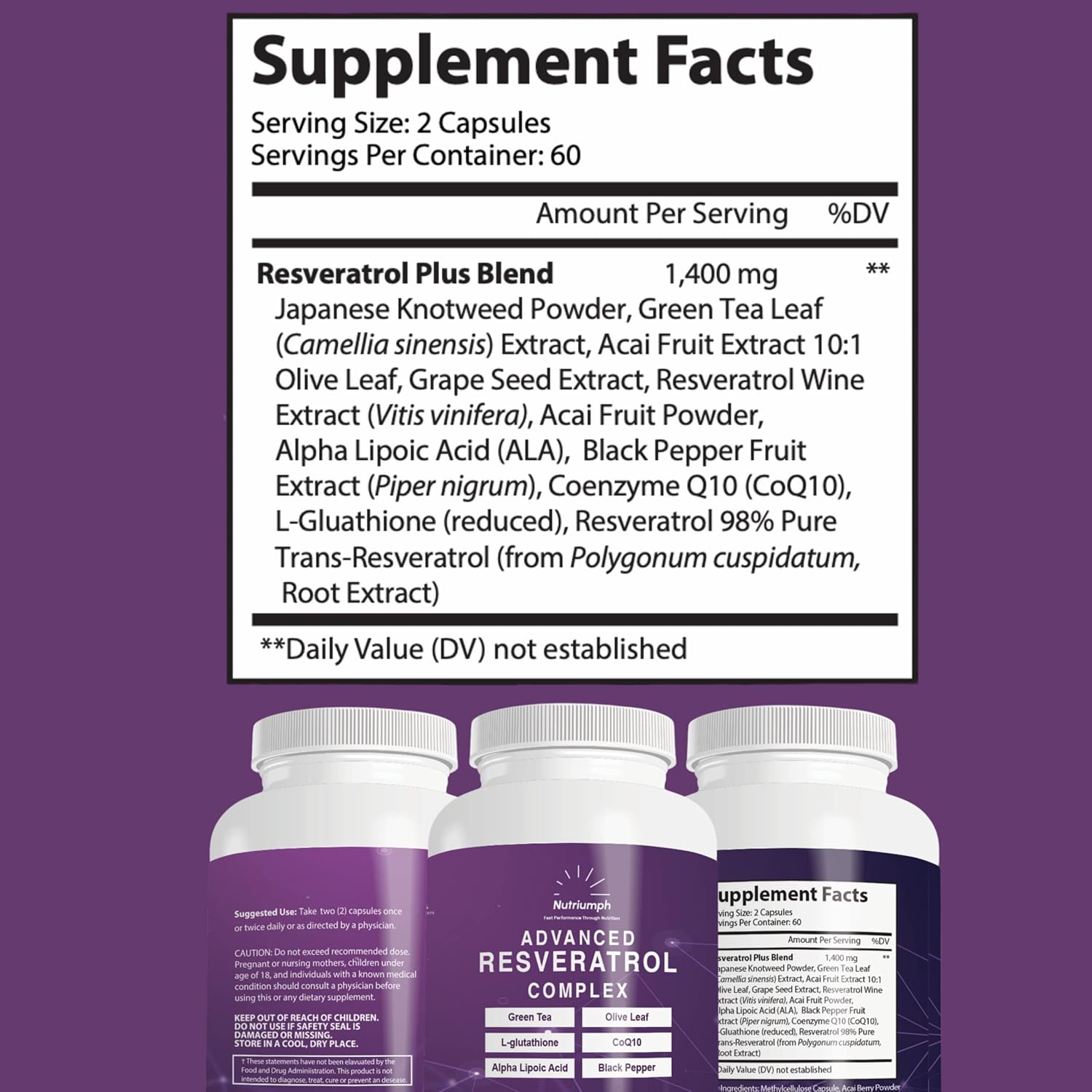 Nutriumph Resveratrol Complex with CoQ10, Olive Leaf, Green Tea, L-Glutathione, Alpha Lipoic Acid & Black Pepper - 120 Capsules