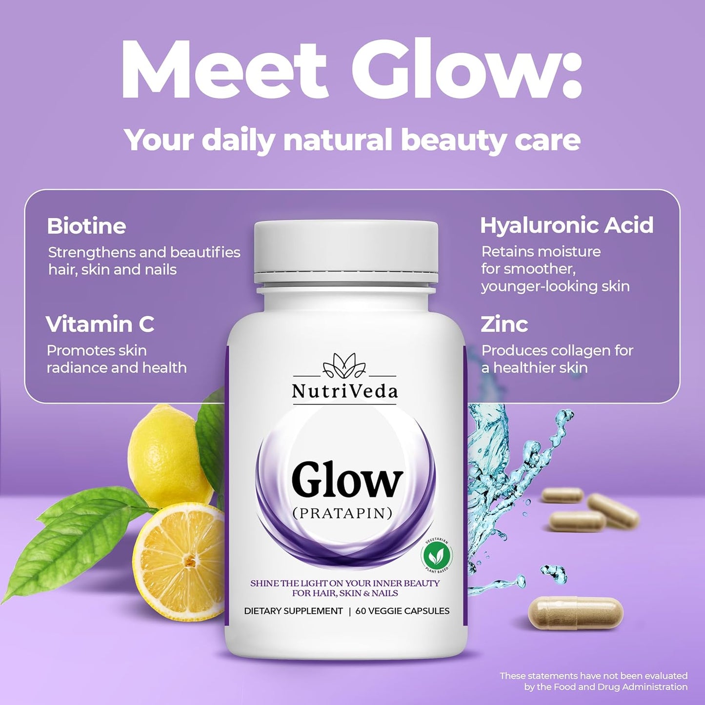 Nutriveda Glow Capsules: Premium Hair, Skin, and Nail Vitamins for Men and Women - Beauty & Wellness Support - 60 Capsules