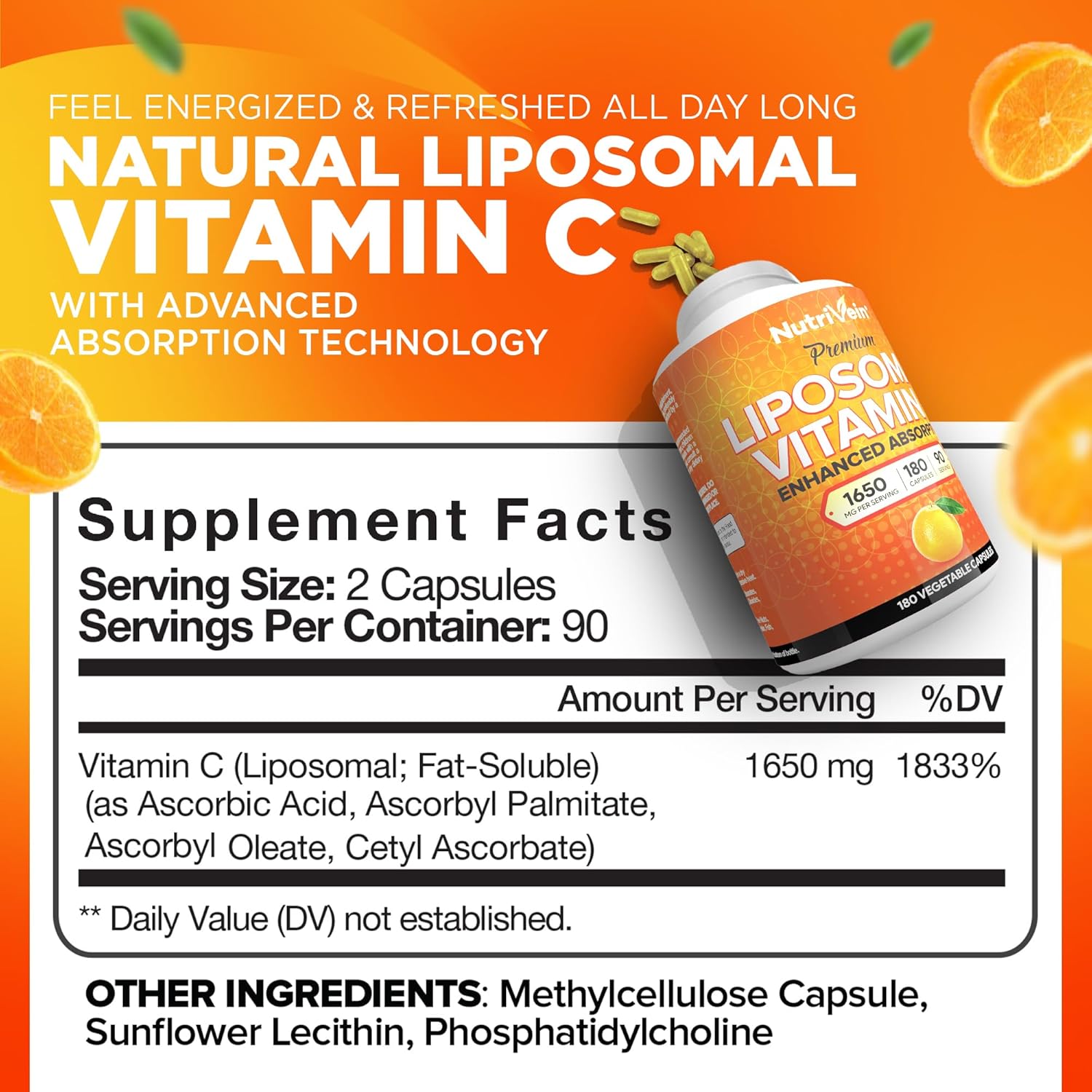 Nutrivein Liposomal Vitamin C 1650mg - 180 Capsules - High Absorption Ascorbic Acid - Immune System Support & Collagen Booster - Antioxidant Powerhouse