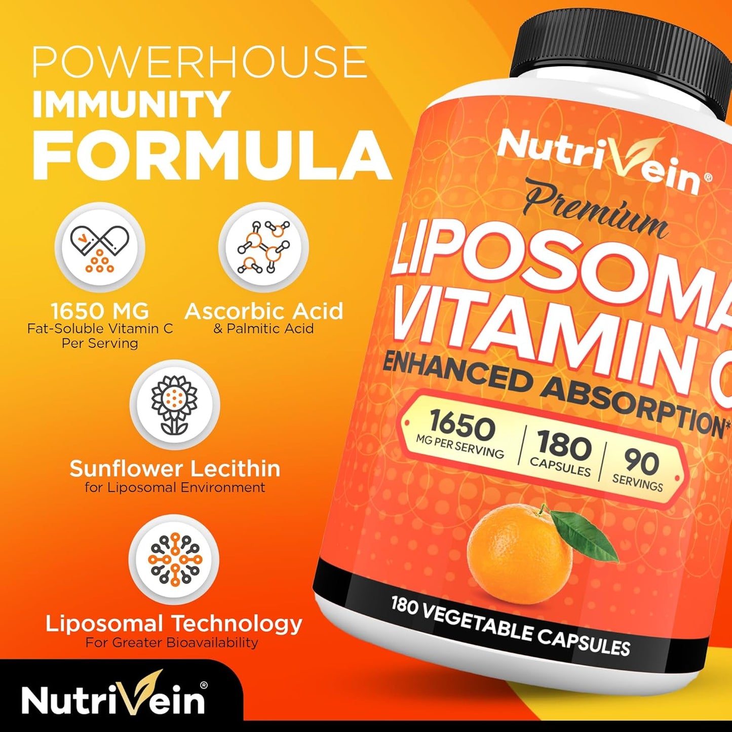 Nutrivein Liposomal Vitamin C 1650mg - 180 Capsules - High Absorption Ascorbic Acid - Immune System Support & Collagen Booster - Antioxidant Powerhouse