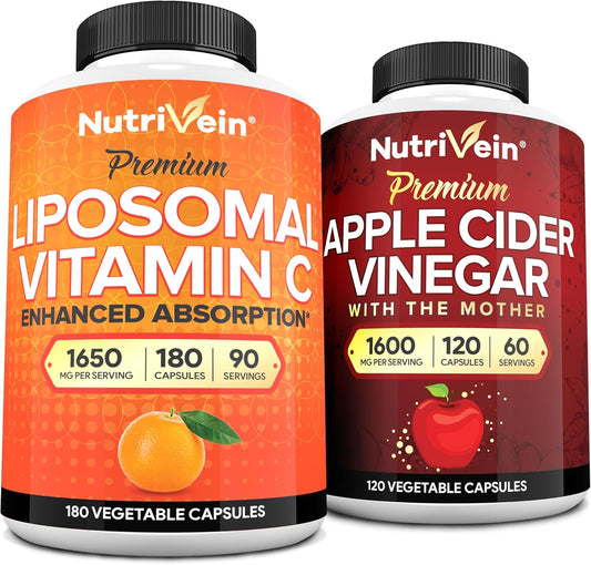 Nutrivein Premium Apple Cider Vinegar & Liposomal Vitamin C Capsules Bundle: High-Absorption Immune Defense & Gut Health Supplements