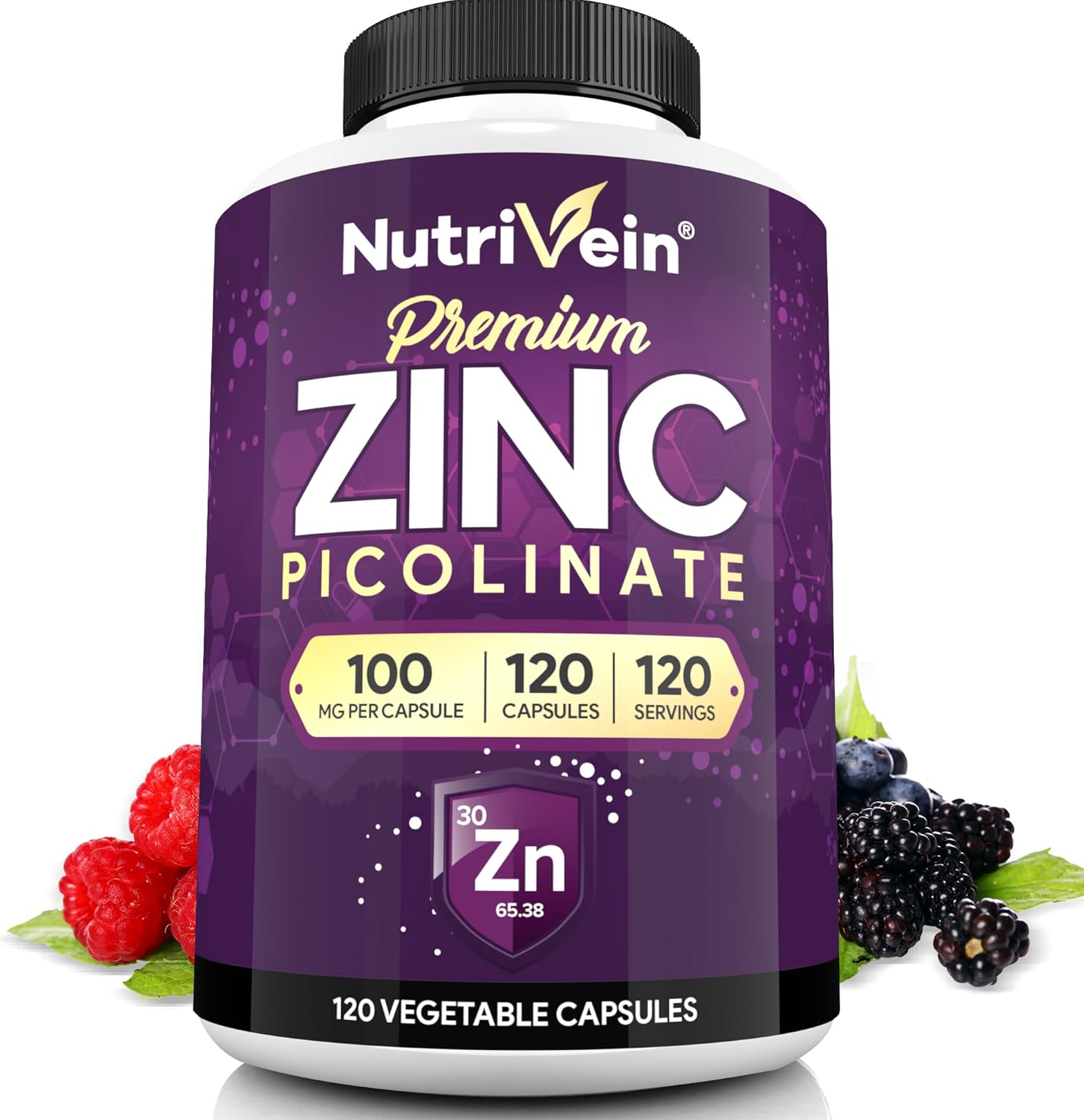 Nutrivein Premium Zinc Picolinate 100mg - 120 Capsules for Immune System Support & Cellular Health - Bioavailable Supplement for Enhanced Absorption