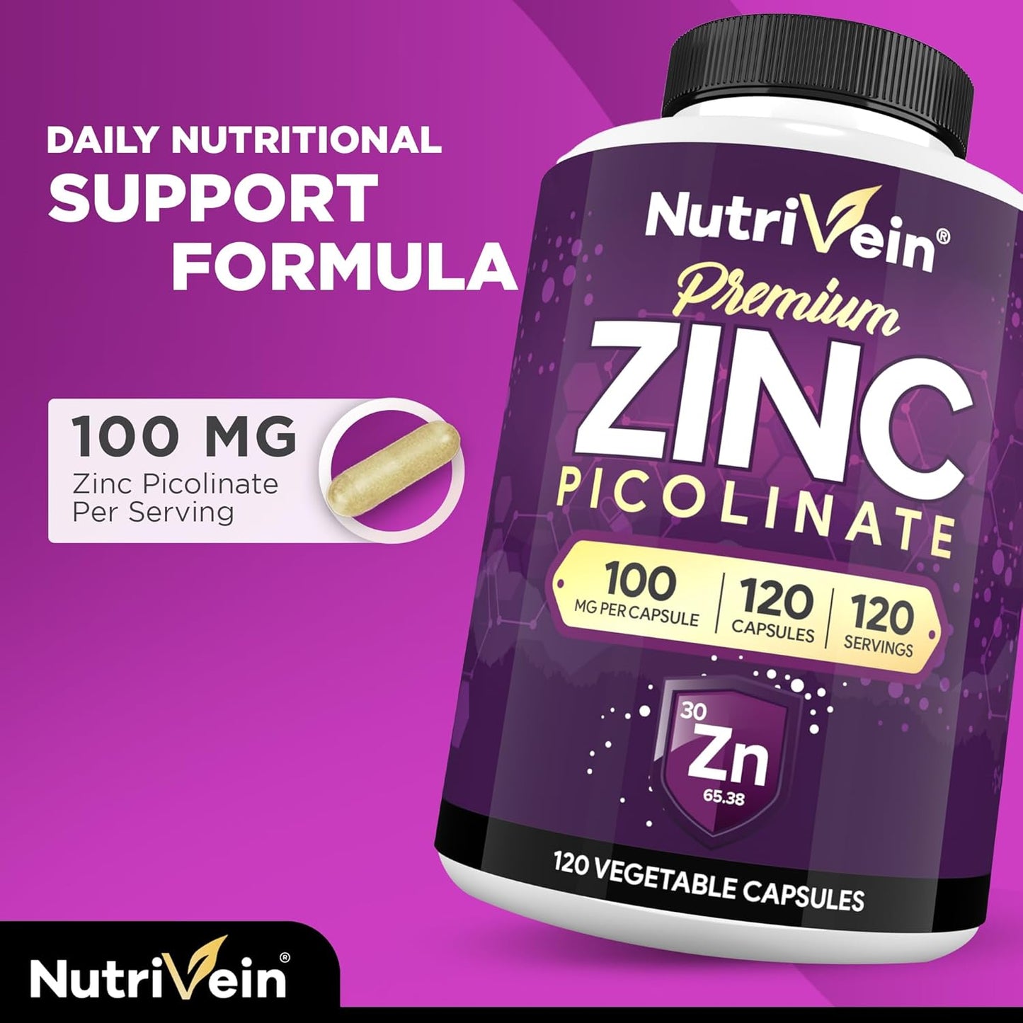 Nutrivein Premium Zinc Picolinate 100mg - 120 Capsules for Immune System Support & Cellular Health - Bioavailable Supplement for Enhanced Absorption