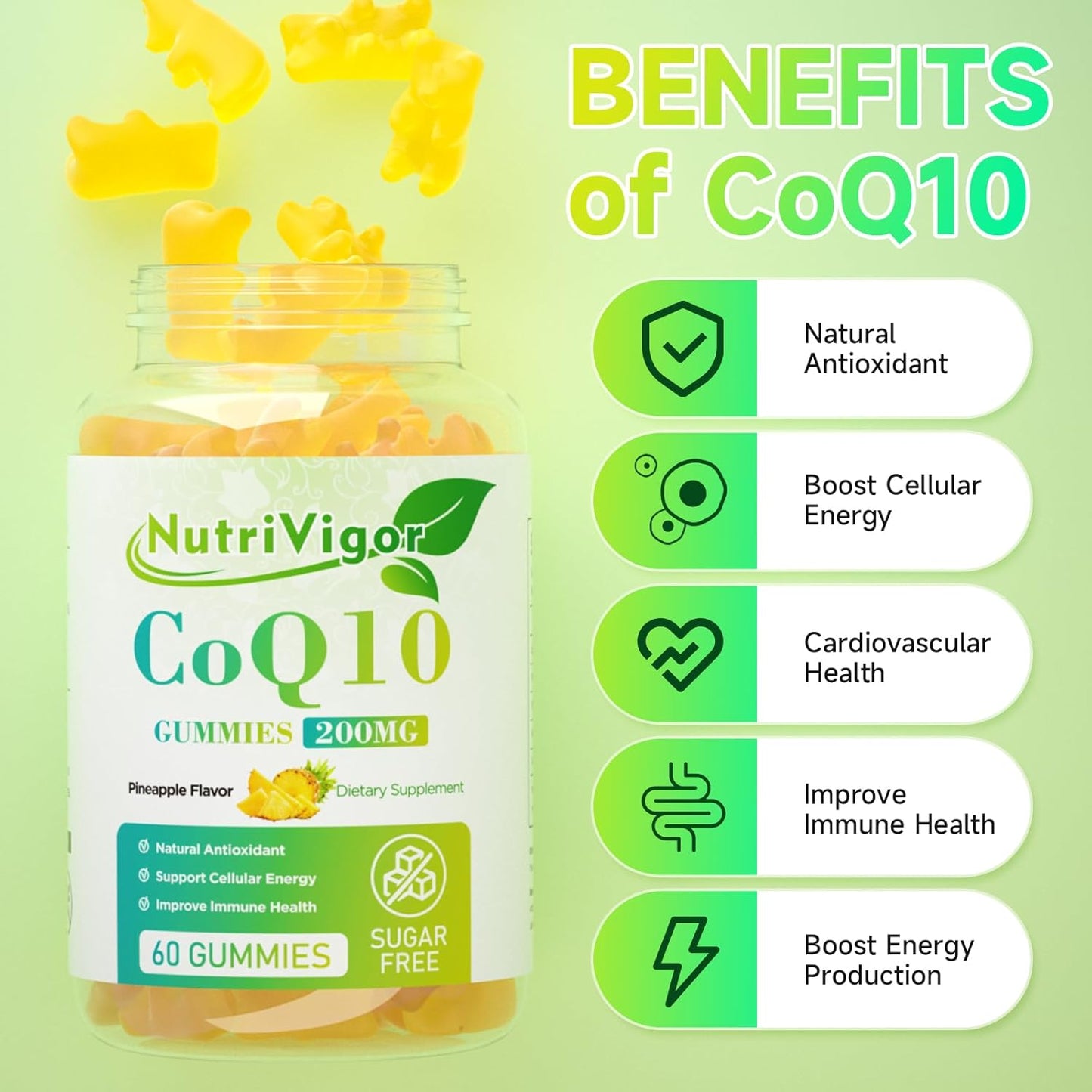 NutriVigor CoQ10 Gummies - 200mg High Absorption Coenzyme Q10 Supplement for Energy & Immune Health - Vegan Pineapple Gummies - 120 Count