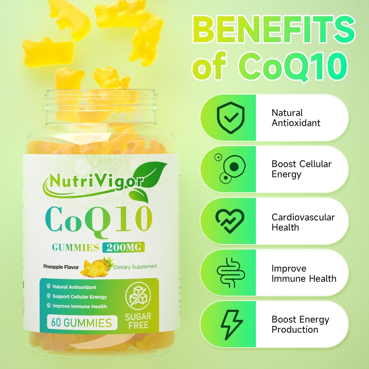 NutriVigor CoQ10 Gummies - 200mg High Absorption Coenzyme Q10 Supplement for Energy & Immune Health - Vegan Pineapple Gummies - 120 Count