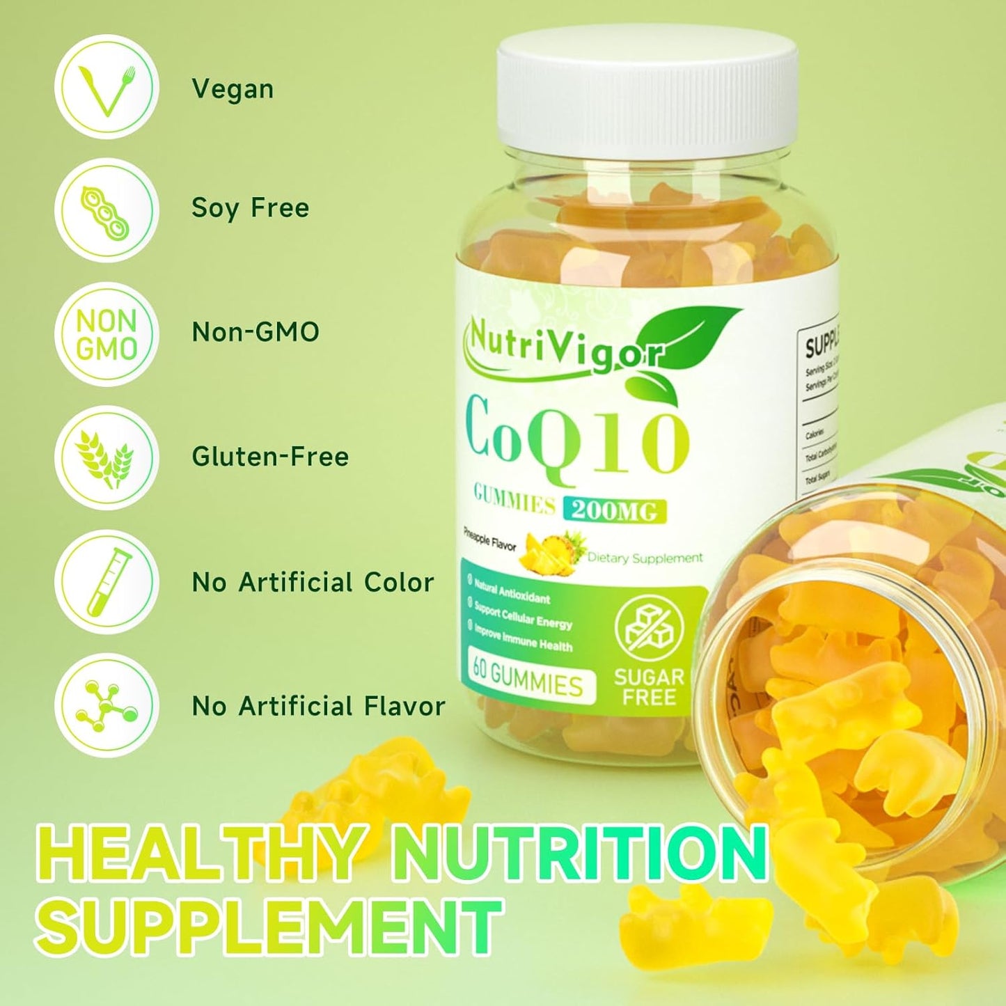 NutriVigor CoQ10 Gummies - 200mg High Absorption Coenzyme Q10 Supplement for Energy & Immune Health - Vegan Pineapple Gummies - 120 Count