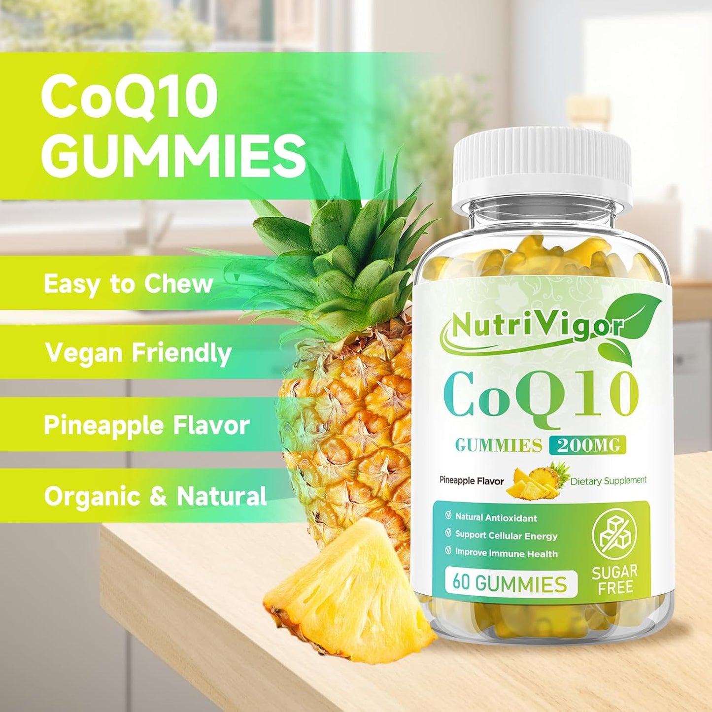 NutriVigor CoQ10 Gummies - 200mg High Absorption Coenzyme Q10 Supplement for Energy & Immune Health - Vegan Pineapple Gummies - 120 Count
