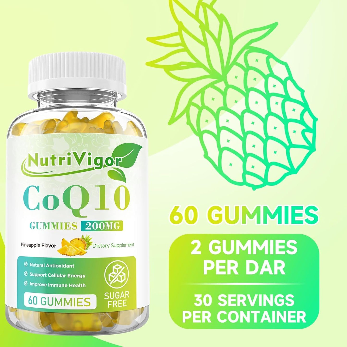 NutriVigor CoQ10 Gummies - 200mg High Absorption Coenzyme Q10 Supplement for Energy & Immune Health - Vegan Pineapple Gummies - 120 Count