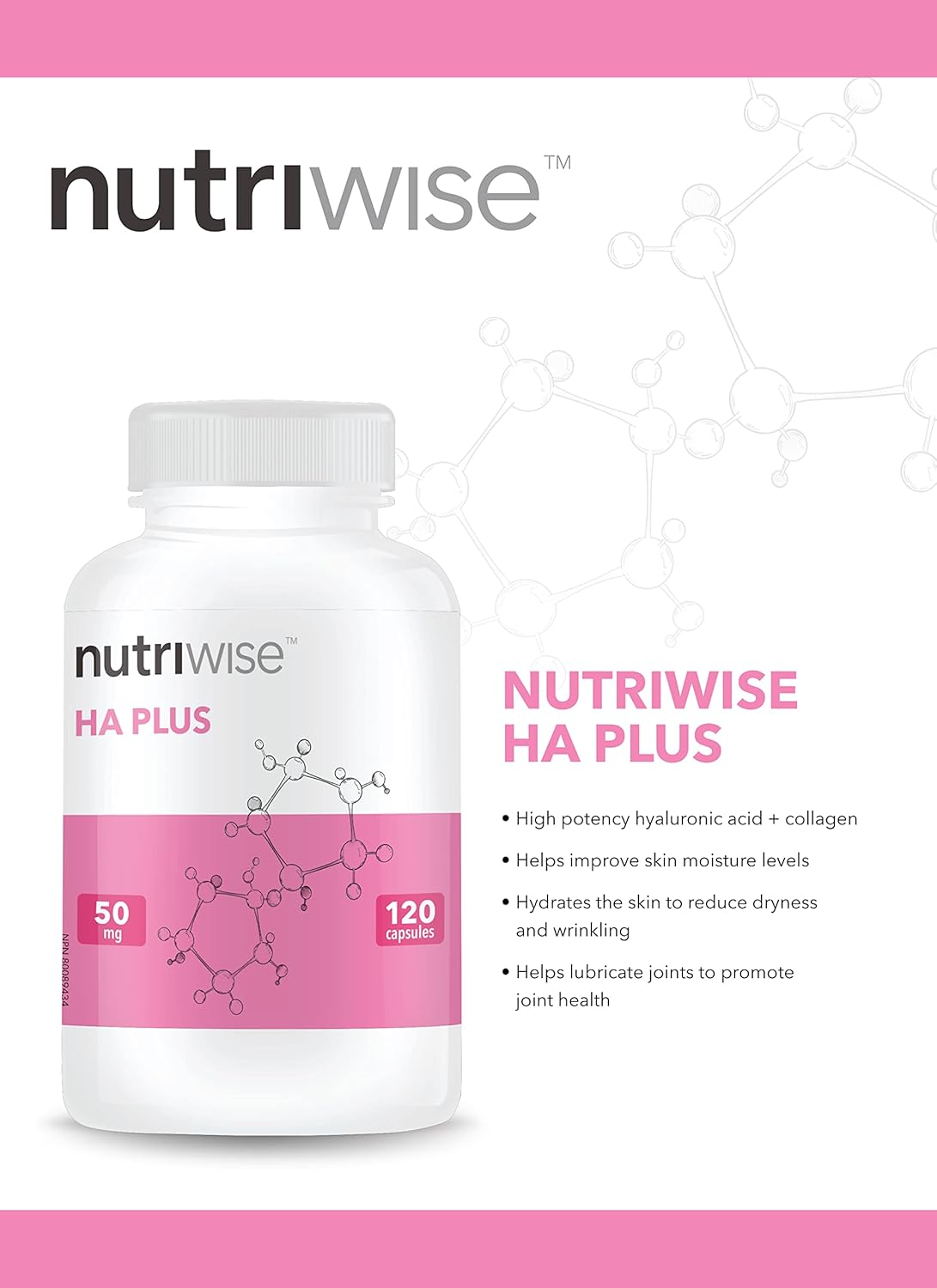 Nutriwise HA Plus: High Potency Hyaluronic Acid & Collagen Supplement - 120 Capsules