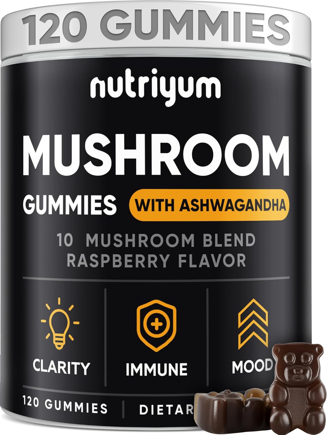 nutriyum Mushroom Gummies - Immune, Energy, & Cognitive Support Blend with Lions Mane, Ashwagandha, and More - 120 pcs