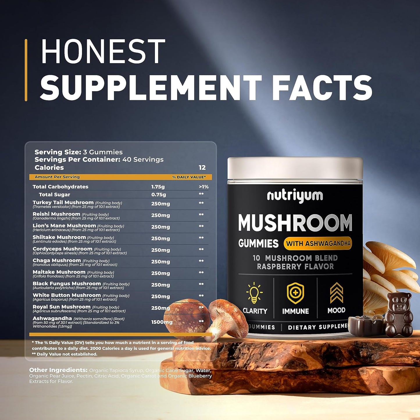 nutriyum Mushroom Gummies - Immune, Energy, & Cognitive Support Blend with Lions Mane, Ashwagandha, and More - 120 pcs
