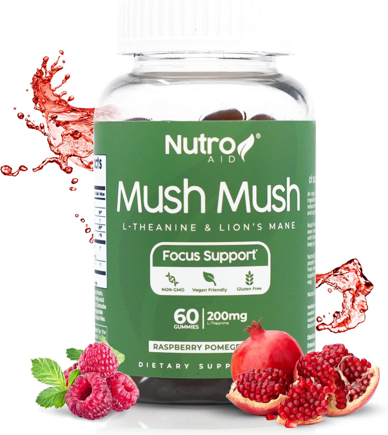 Nutroaid Lions Mane Mushroom Gummies with L-Theanine for Focus & Energy - Raspberry & Pomegranate Flavor - 60 Gummies