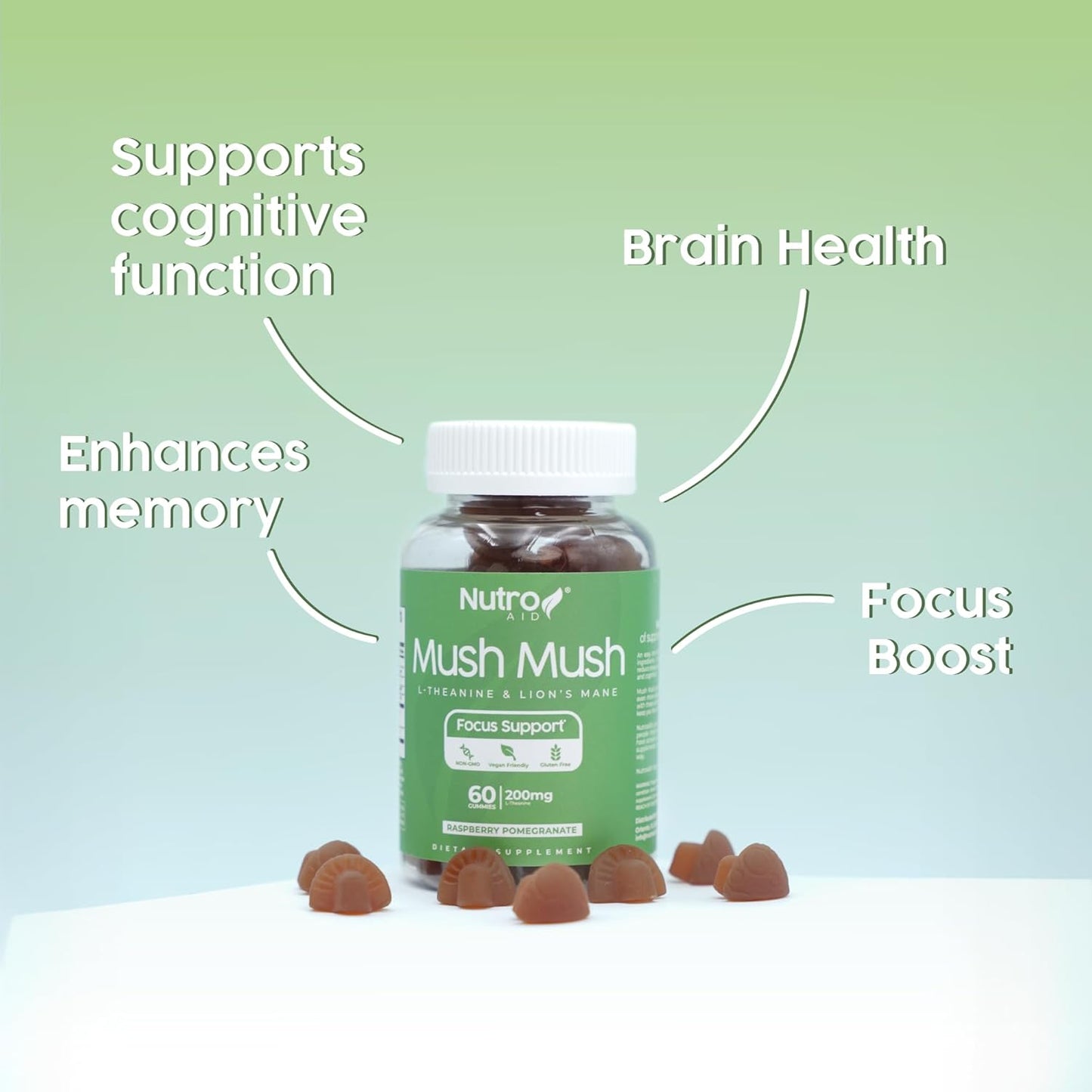 Nutroaid Lions Mane Mushroom Gummies with L-Theanine for Focus & Energy - Raspberry & Pomegranate Flavor - 60 Gummies