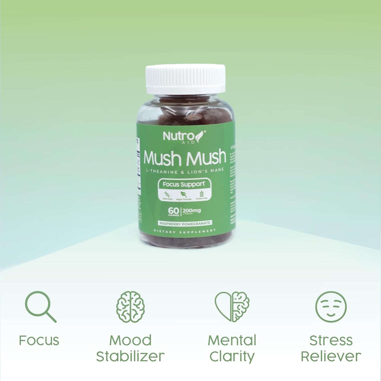 Nutroaid Lions Mane Mushroom Gummies with L-Theanine for Focus & Energy - Raspberry & Pomegranate Flavor - 60 Gummies