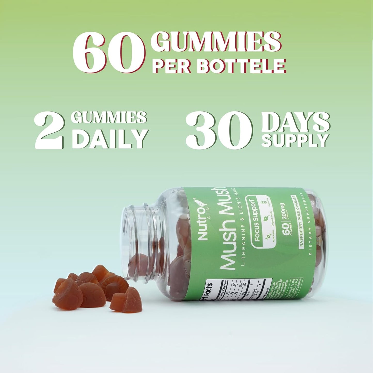 Nutroaid Lions Mane Mushroom Gummies with L-Theanine for Focus & Energy - Raspberry & Pomegranate Flavor - 60 Gummies