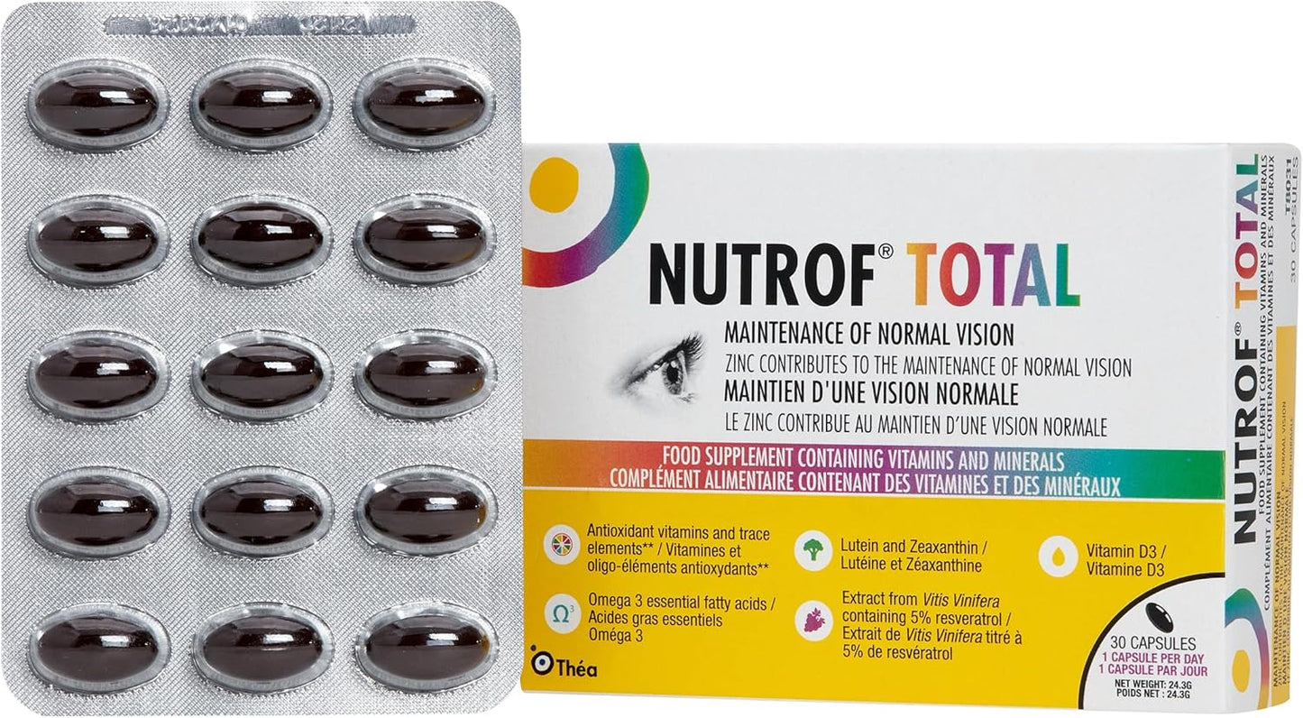 Nutrof Total Eye Health Supplement Capsules with Lutein, Zeaxanthin, Omega 3, Antioxidants - 30 Capsules - 1 Month Supply