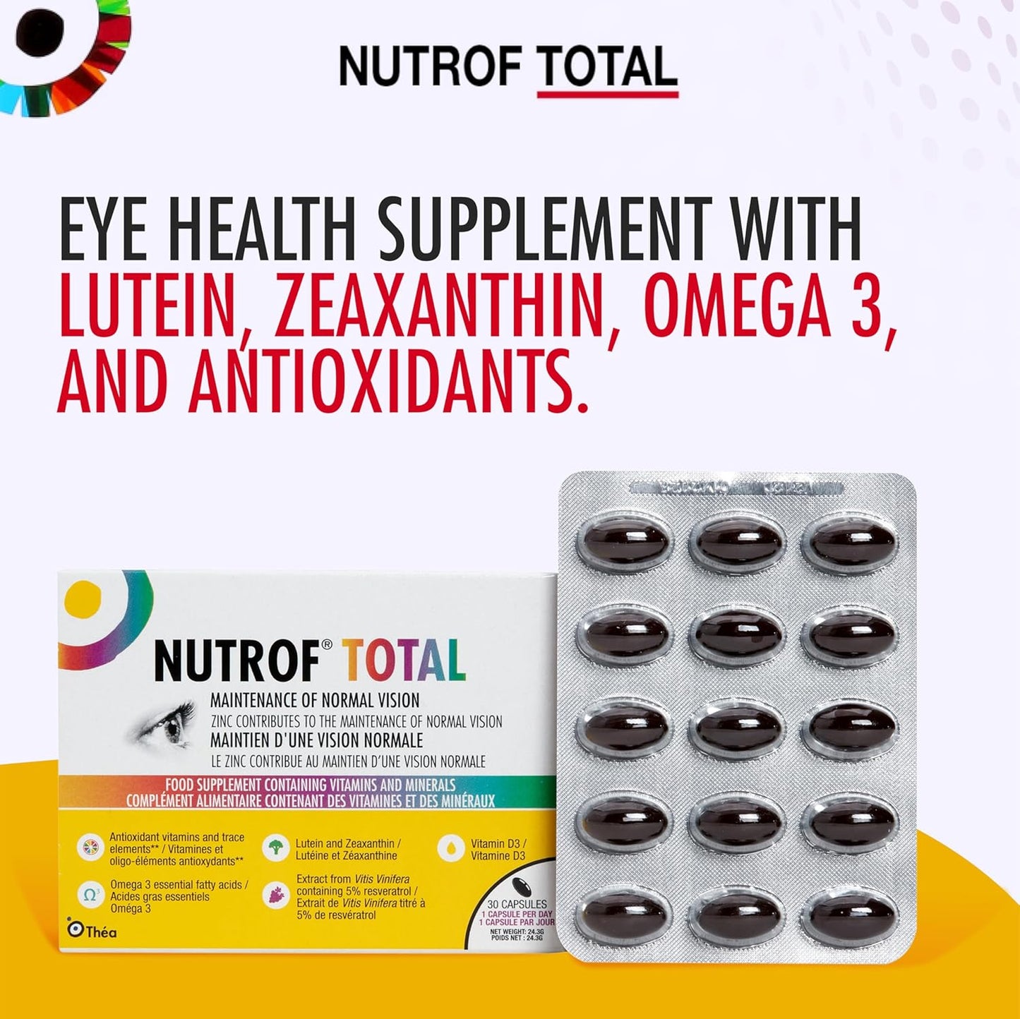 Nutrof Total Eye Health Supplement Capsules with Lutein, Zeaxanthin, Omega 3, Antioxidants - 30 Capsules - 1 Month Supply