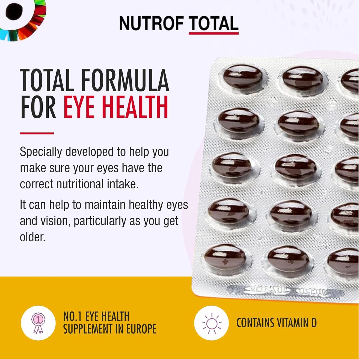 Nutrof Total Eye Health Supplement Capsules with Lutein, Zeaxanthin, Omega 3, Antioxidants - 30 Capsules - 1 Month Supply