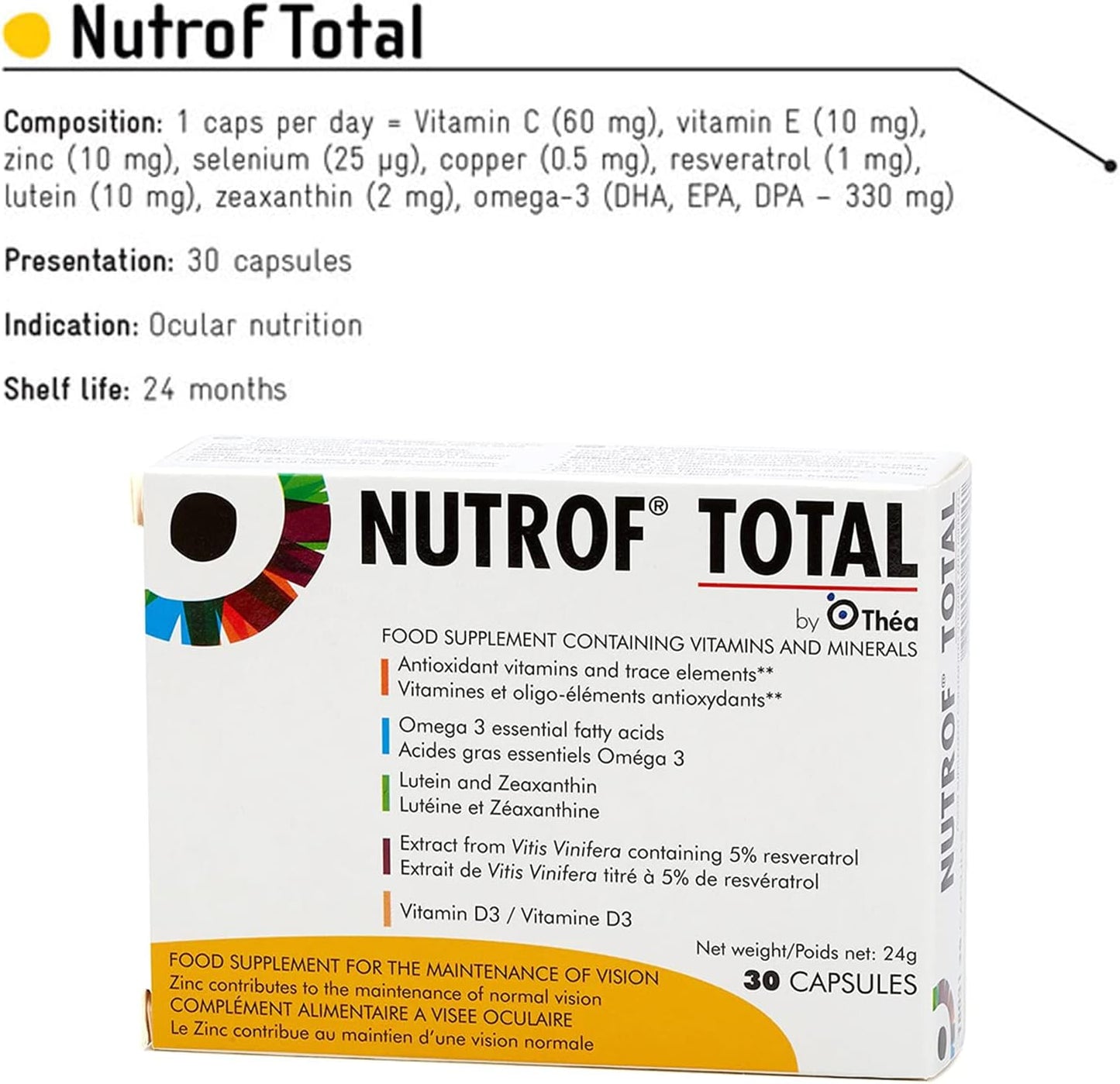 Nutrof Total Eye Health Supplement Capsules with Lutein, Zeaxanthin, Omega 3, Antioxidants - 30 Capsules - 1 Month Supply