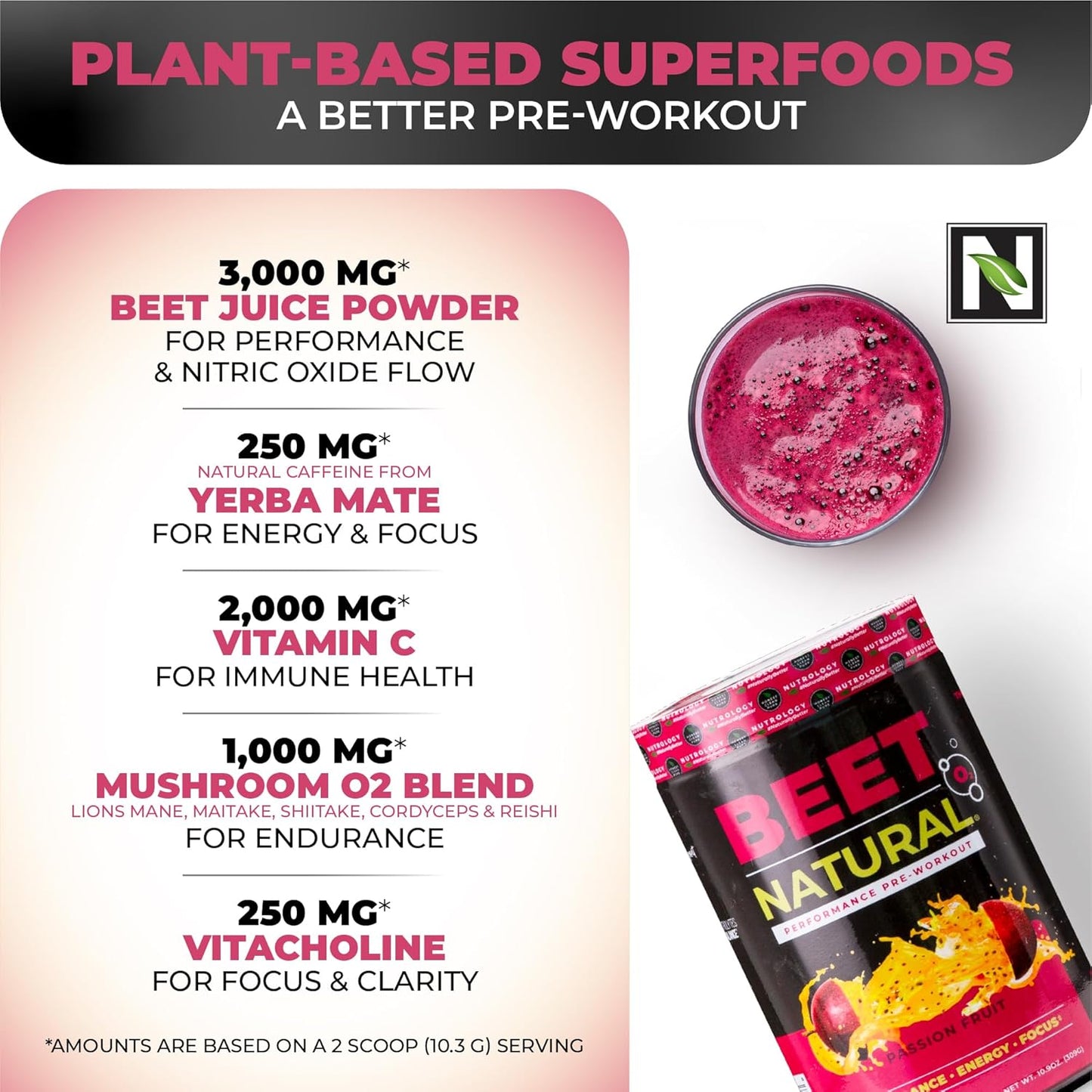 Nutrology Beet Natural O2 Pre Workout Powder - Energy, Endurance & Nitric Oxide Booster - Beet Powder, Yerba Mate, Adaptogens & Electrolytes - Vegan Passion Fruit Flavor - 30 Servings