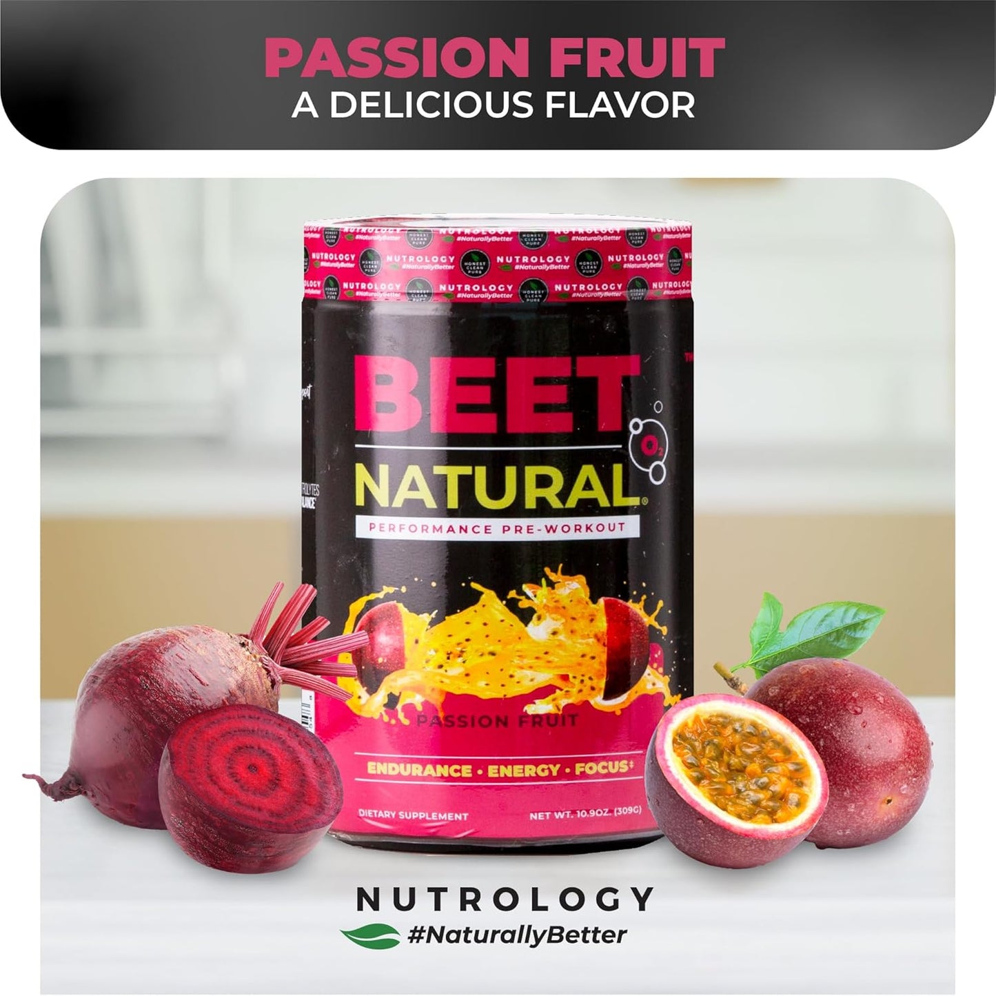 Nutrology Beet Natural O2 Pre Workout Powder - Energy, Endurance & Nitric Oxide Booster - Beet Powder, Yerba Mate, Adaptogens & Electrolytes - Vegan Passion Fruit Flavor - 30 Servings