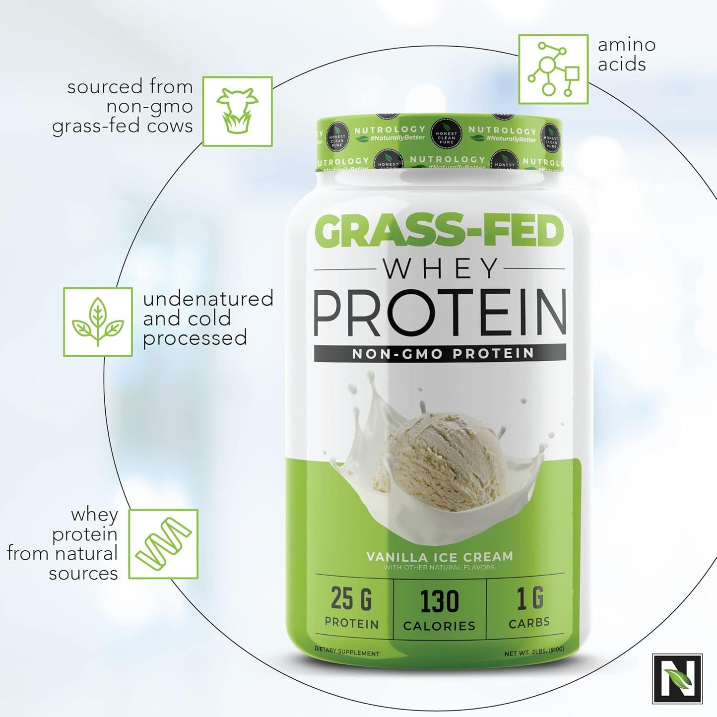 Nutrology Grass Fed Whey Protein Powder: Lean Muscle Recovery & Performance Support, Vanilla Ice Cream & Orange Coconut (58 Servings)