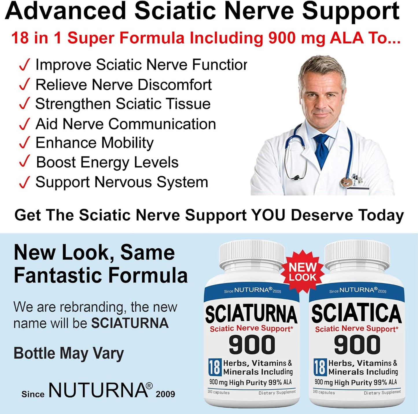 Nuturna Sciatica Nerve Support Supplement - 900mg HP-99 ALA Formula - Max Strength for Feet, Hands, Legs - 18-in-1 Natural Nerve Vitamins - 180 Capsules