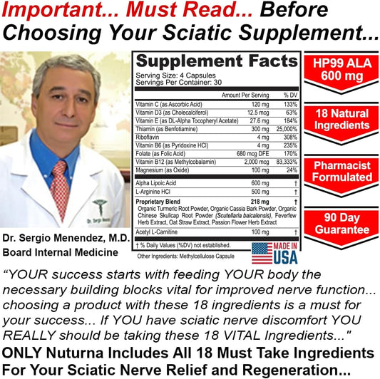 Nuturna Sciatica Supplement - Powerful ALA Nerve Support for Feet, Hands, Fingers, and Legs - Natural 18-in-1 Nerve Vitamins - 120 Capsules