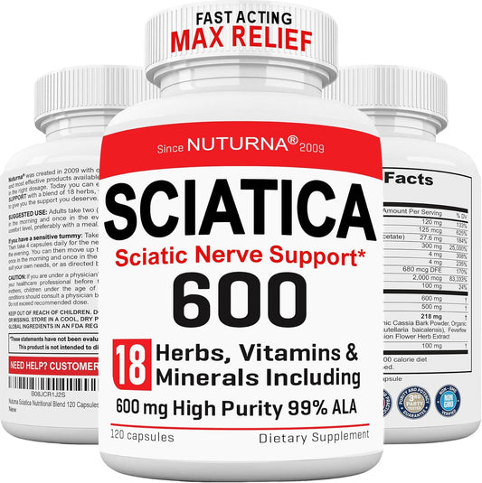 Nuturna Sciatica Supplement with 600mg Alpha Lipoic Acid - Maximum Strength ALA Nerve Support - Natural Vitamin Capsules for Sciatic Nerve Relief