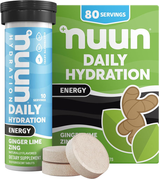Nuun Energy Electrolyte Tablets - Ginger Lime Zing Flavor - 8 Pack (80 Servings) - Vegan & Non-GMO - B Vitamins, Ginseng, Caffeine - Hydration & Energy Support