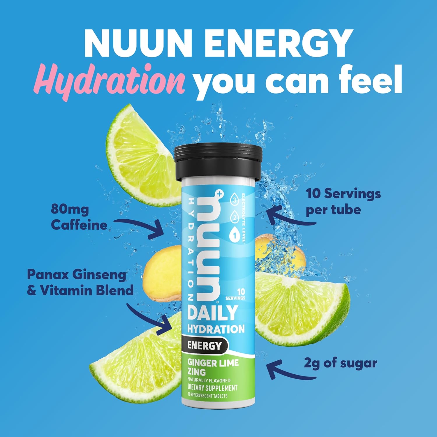 Nuun Energy Electrolyte Tablets - Ginger Lime Zing Flavor - 8 Pack (80 Servings) - Vegan & Non-GMO - B Vitamins, Ginseng, Caffeine - Hydration & Energy Support
