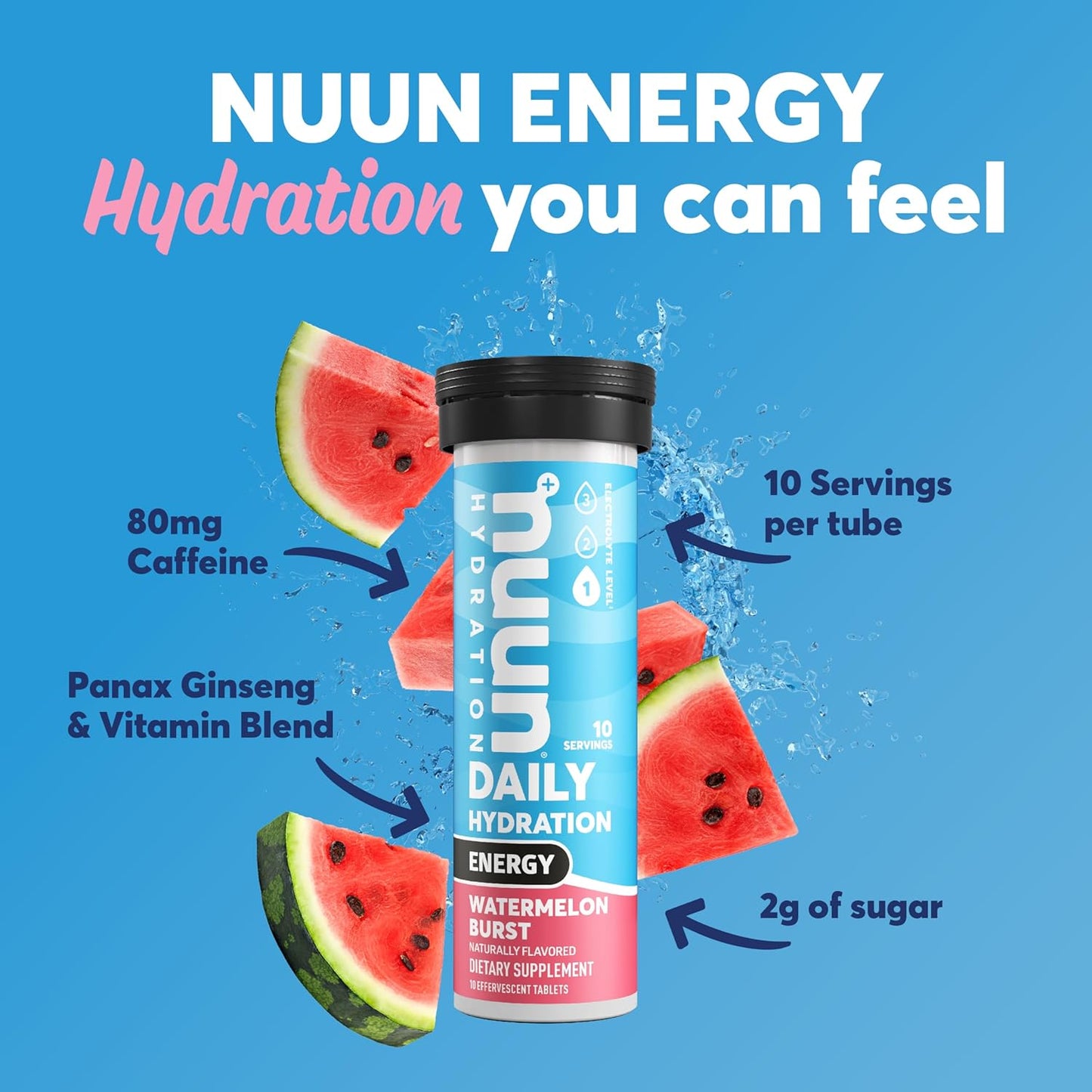 Nuun Hydration Energy Electrolyte Tablets - Watermelon Burst Flavor, 5 Essential Electrolytes, Caffeine, B Vitamins, Ginseng, Vegan, Non-GMO - 8 Pack (80 Servings)