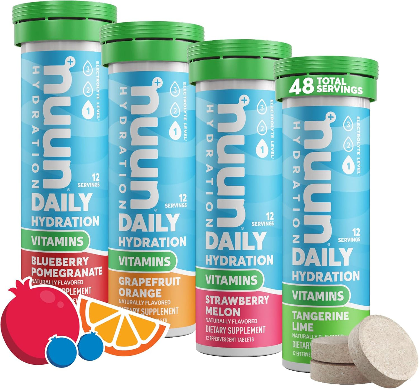 Nuun Hydration Vitamins Electrolyte Tablets, Mixed Fruit Flavor, 5 Essential Electrolytes + Vitamins, Magnesium, Vegan, Non-GMO, 4 Pack (48 Tablets)