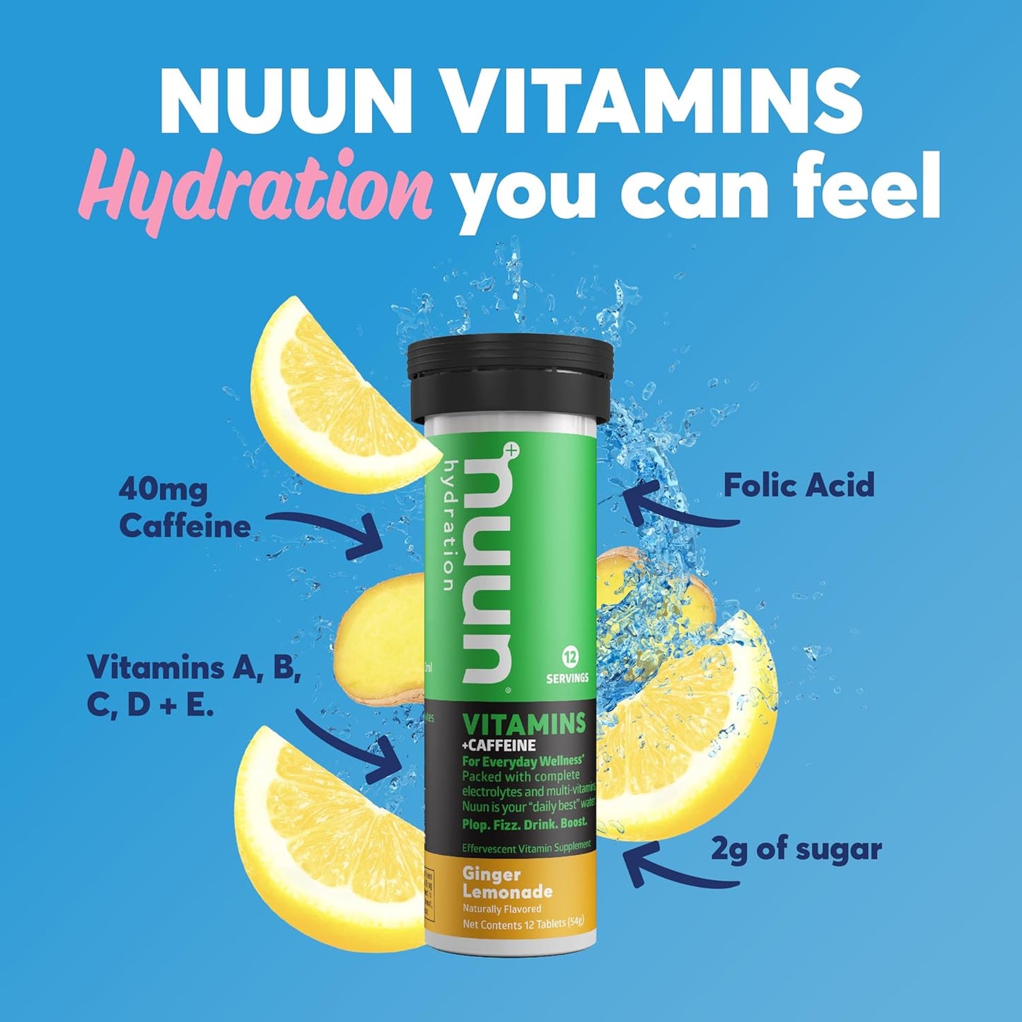 Nuun Hydration Vitamins Electrolyte Tablets with Caffeine - Ginger Lemonade Flavor - 8 Tubes, 96 Servings - Vegan, Non-GMO - 5 Essential Electrolytes + Vitamins A, B6, C, D, E - Magnesium