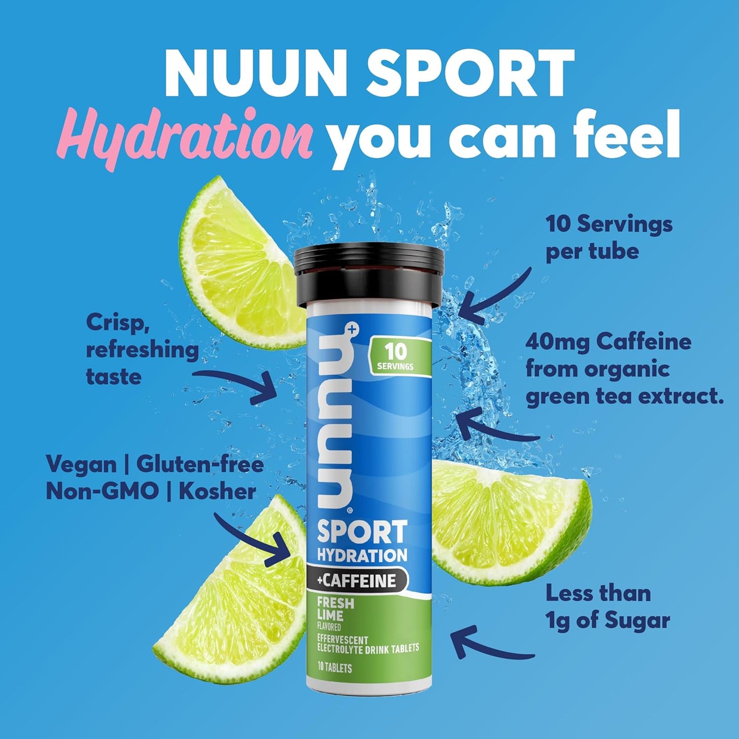 Nuun Sport + Caffeine Electrolyte Tablets - Fresh Lime Flavor, 5 Essential Electrolytes, Vegan & Non-GMO, 8 Pack (80 Servings)