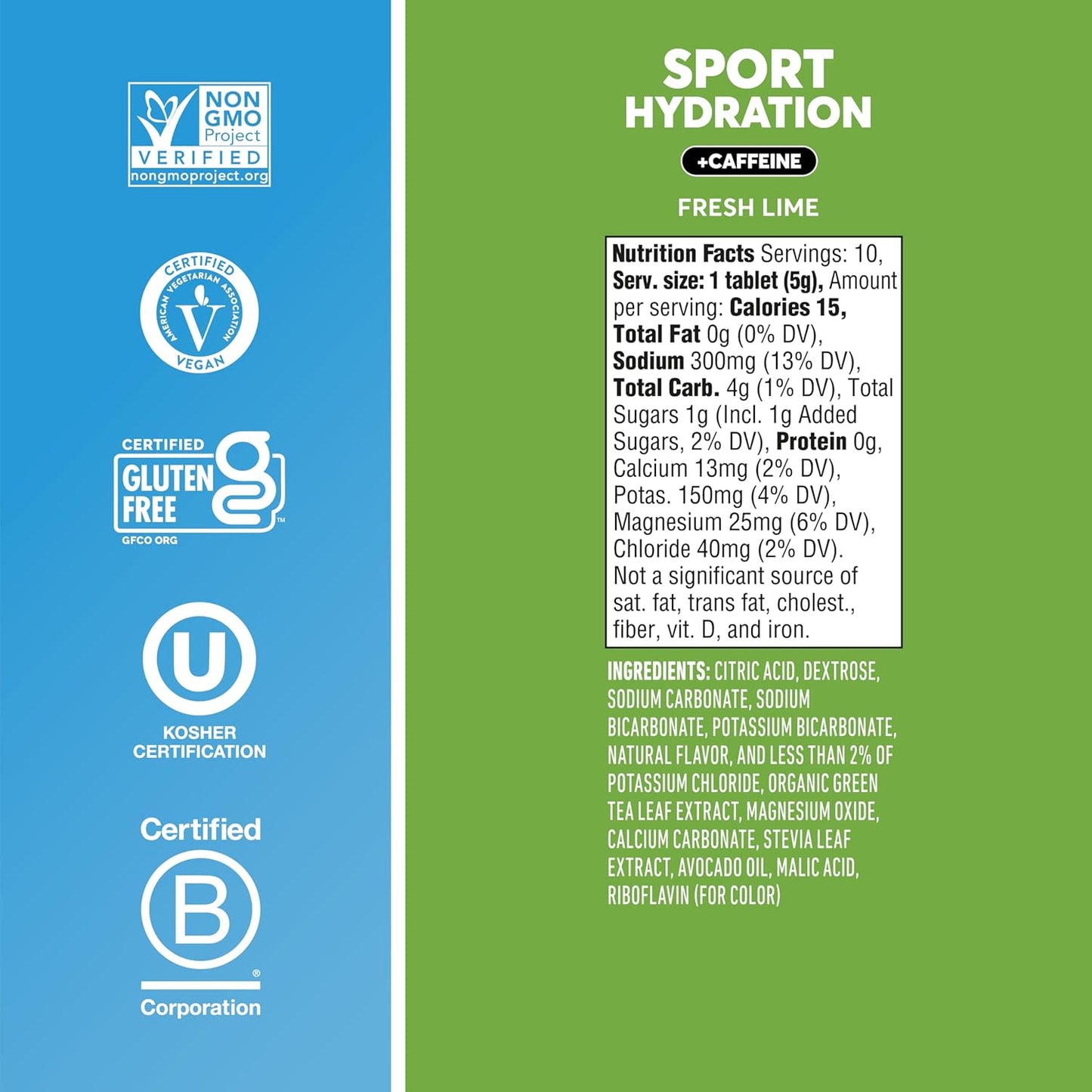 Nuun Sport + Caffeine Electrolyte Tablets - Fresh Lime Flavor, 5 Essential Electrolytes, Vegan & Non-GMO, 8 Pack (80 Servings)
