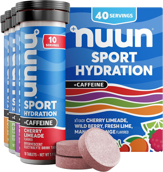 Nuun Sport + Caffeine Electrolyte Tablets - Mixed Flavor Box, Vegan & Non-GMO, 5 Electrolytes for Hydration, Low Sugar Drink Mix, 4 Pack (40 Servings)