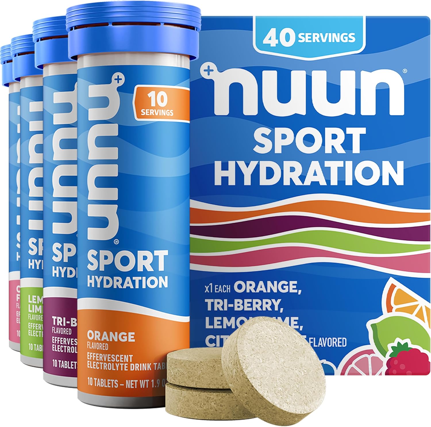 Nuun Sport Electrolyte Tablets - Mixed Citrus Berry Flavors, Dissolvable in Water, 1g Sugar Drink Mix, Vegan, Non-GMO - 4 Pack (40 Servings)