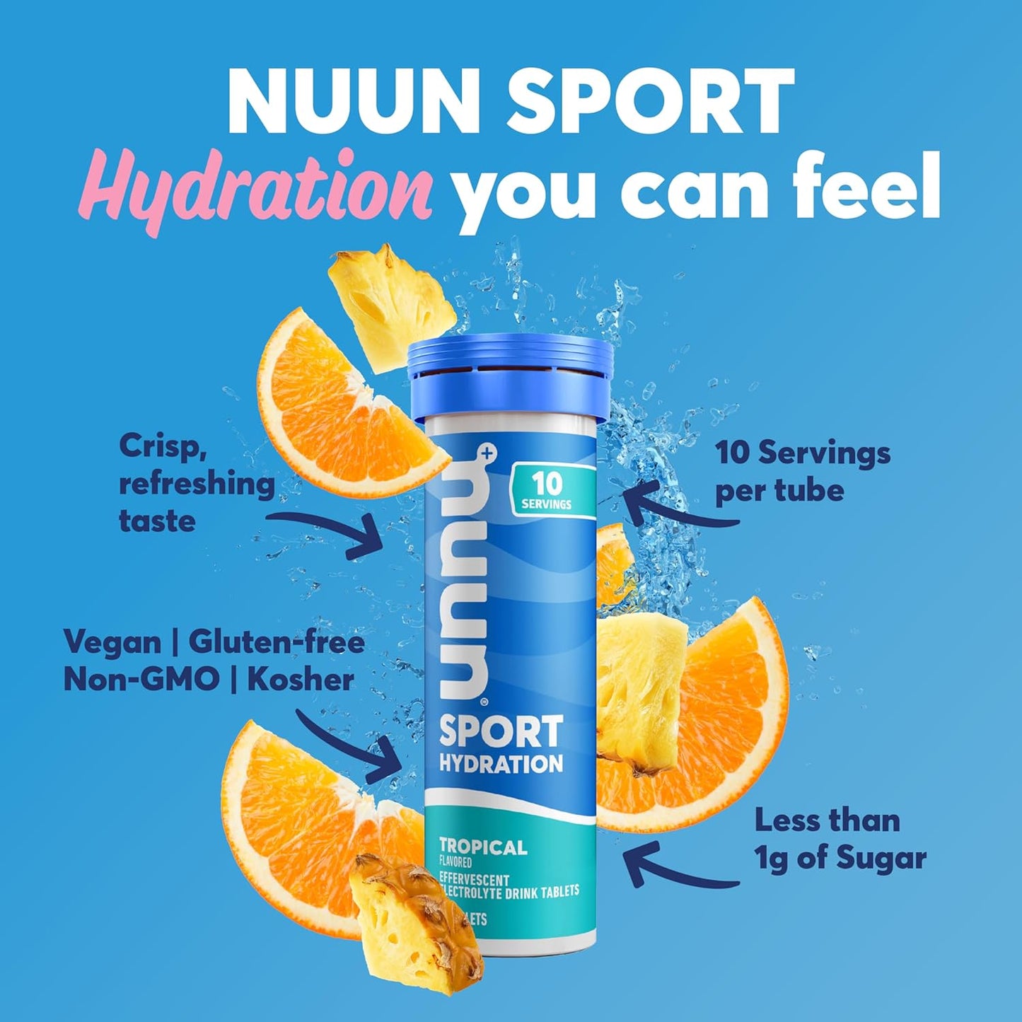Nuun Sport Electrolyte Tablets - Tropical Flavor, Dissolves in Water, Hydration with 5 Essential Electrolytes, 1g Sugar, Vegan, Non-GMO - 8 Pack (80 Servings)