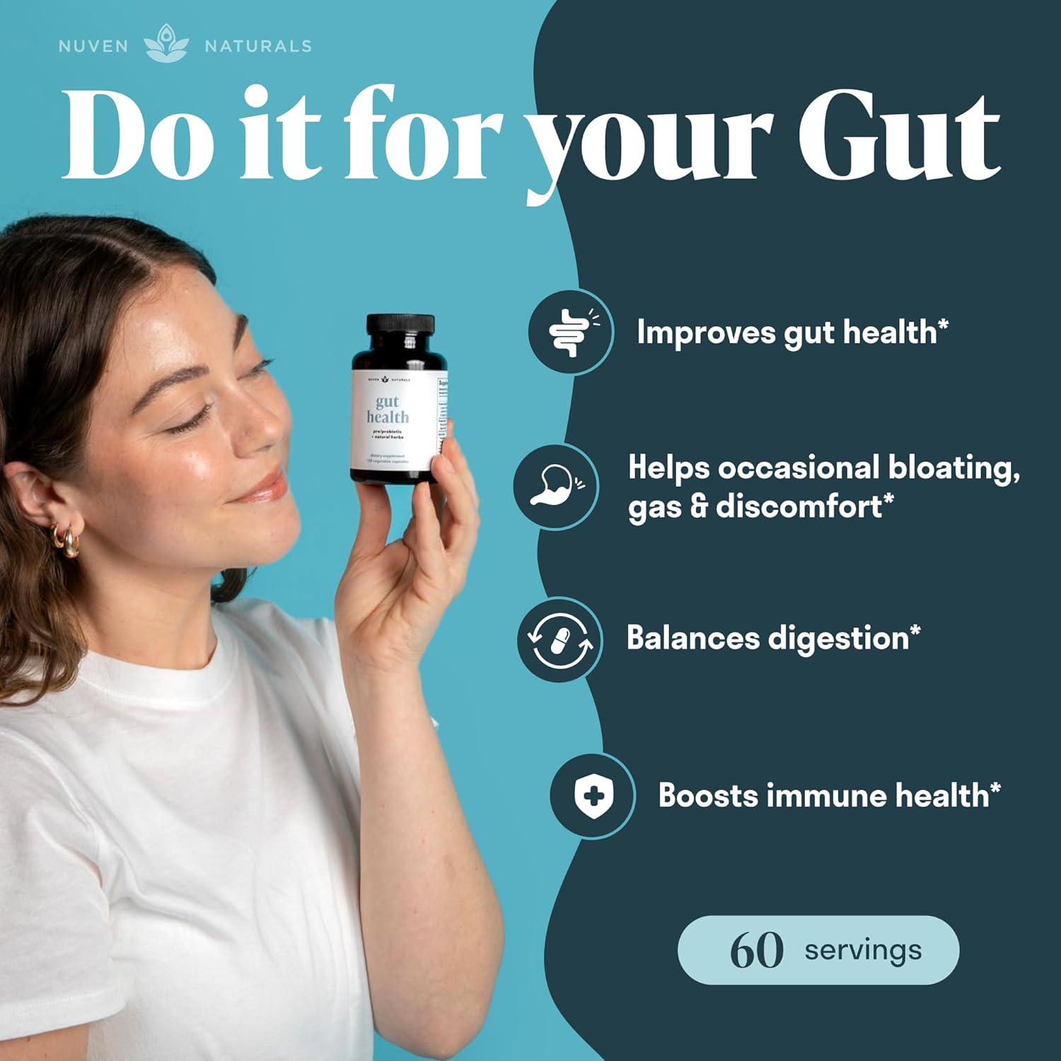 Nuven Naturals All-in-One Gut Health Formula with Probiotics, Prebiotics, and Digestion-Supporting Herbs