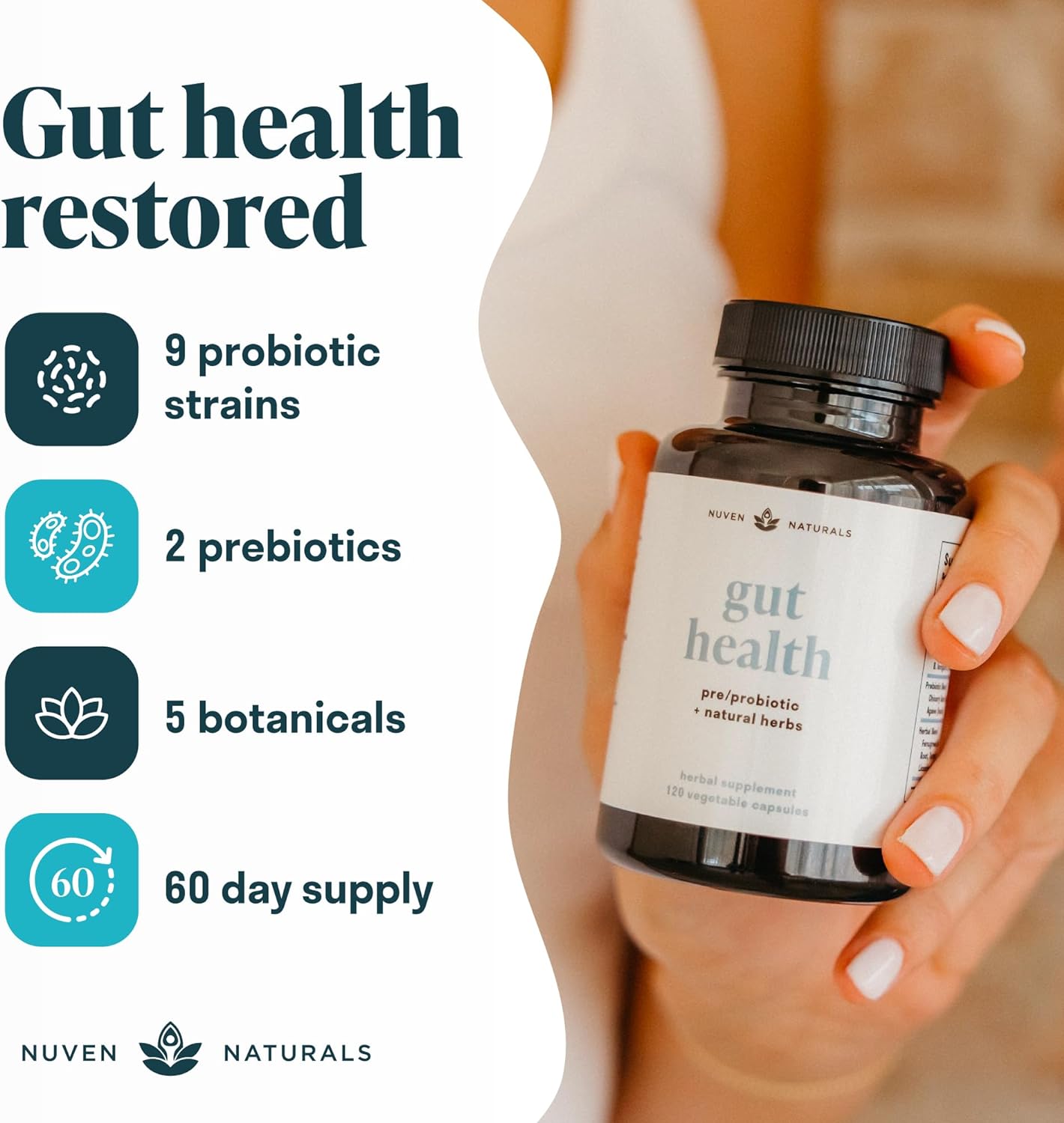Nuven Naturals All-in-One Gut Health Formula with Probiotics, Prebiotics, and Digestion-Supporting Herbs