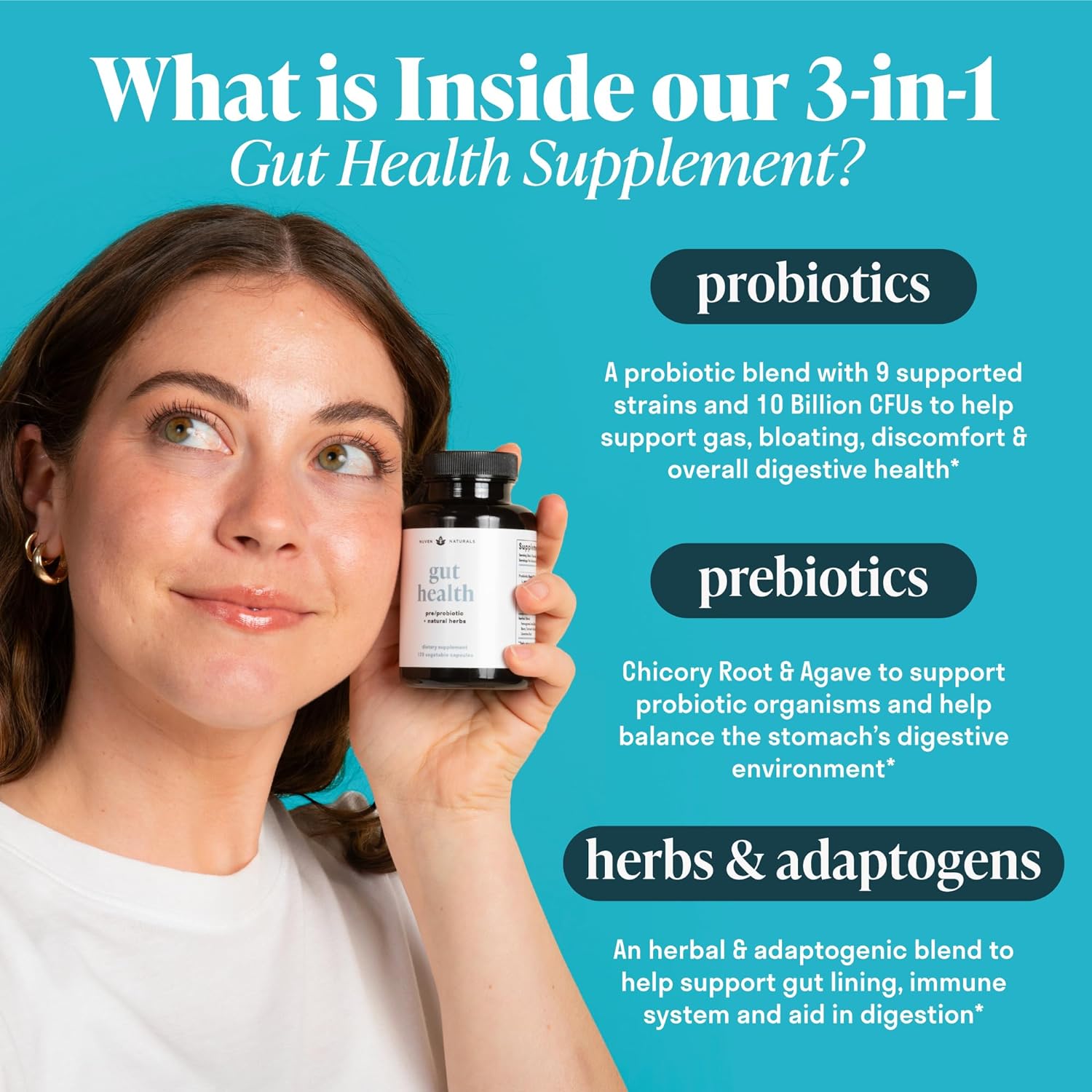 Nuven Naturals All-in-One Gut Health Formula with Probiotics, Prebiotics, and Digestion-Supporting Herbs