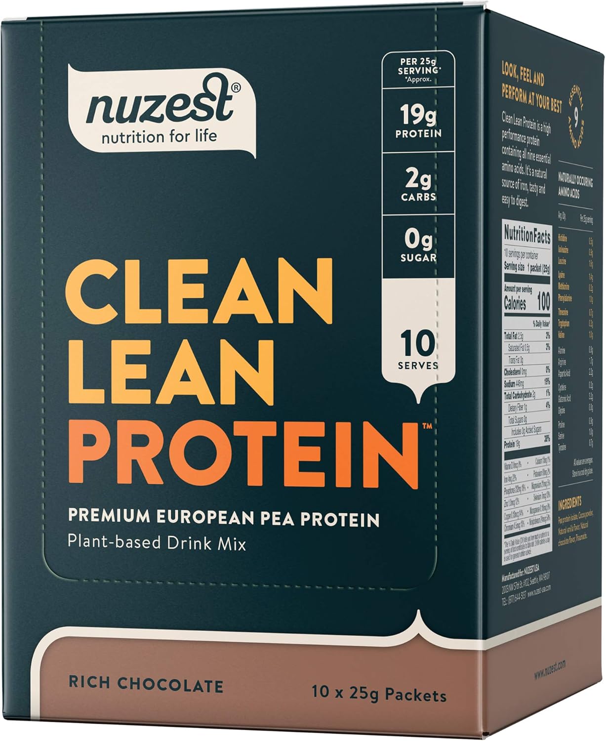 Nuzest Clean Lean Protein Powder - Premium Vegan Plant-Based Protein Shake, Rich Chocolate Flavor - Dairy, Gluten, GMO Free - 9 oz Each, Pack of 10