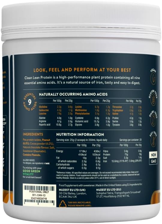 Nuzest Clean Lean Protein Powder - Premium Vegan Plant Based Shake, Chocolate Peanut Butter Flavor, 20 Servings, 1.1 lb - Dairy Free, Gluten Free, GMO Free