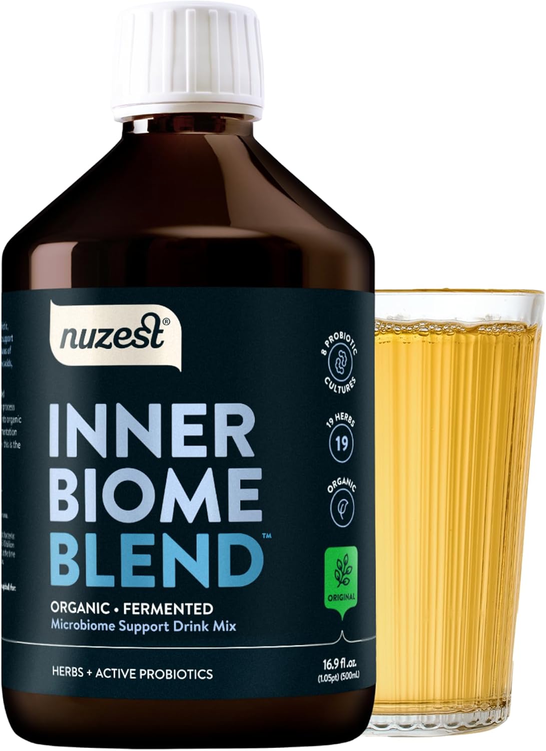 Nuzest Inner Biome Blend Liquid Drink Mix - Microbiome Support with Prebiotic, Probiotic & Postbiotic - 8 Cultures, 19 Herbs - Vegan & Organic - Original Flavour - 16.9 fl.oz/500ml