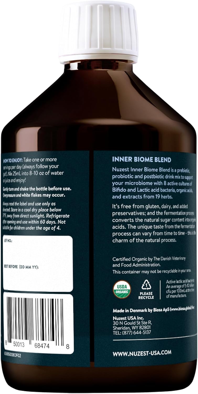 Nuzest Inner Biome Blend Liquid Drink Mix - Microbiome Support with Prebiotic, Probiotic & Postbiotic - 8 Cultures, 19 Herbs - Vegan & Organic - Original Flavour - 16.9 fl.oz/500ml