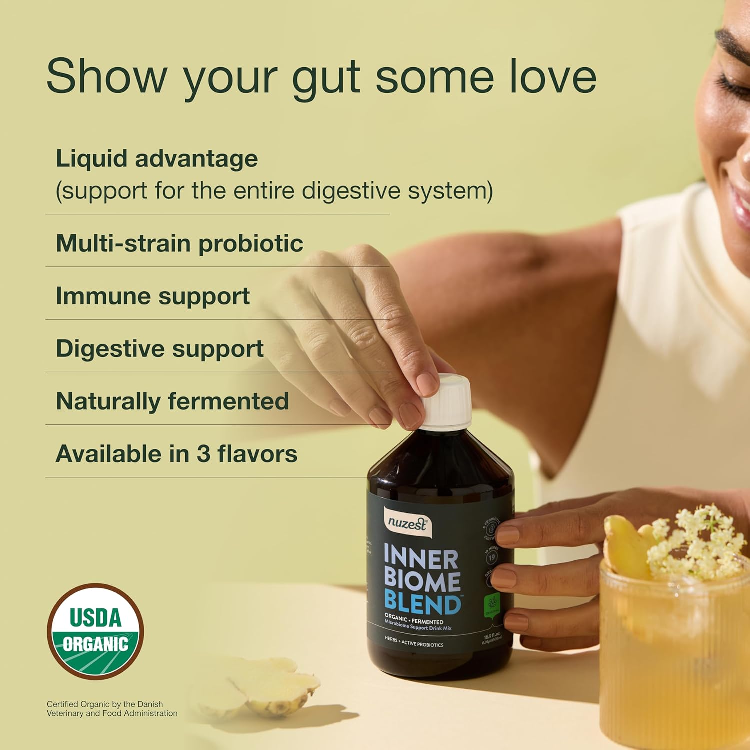 Nuzest Inner Biome Blend Liquid Drink Mix - Microbiome Support with Prebiotic, Probiotic & Postbiotic - 8 Cultures, 19 Herbs - Vegan & Organic - Original Flavour - 16.9 fl.oz/500ml