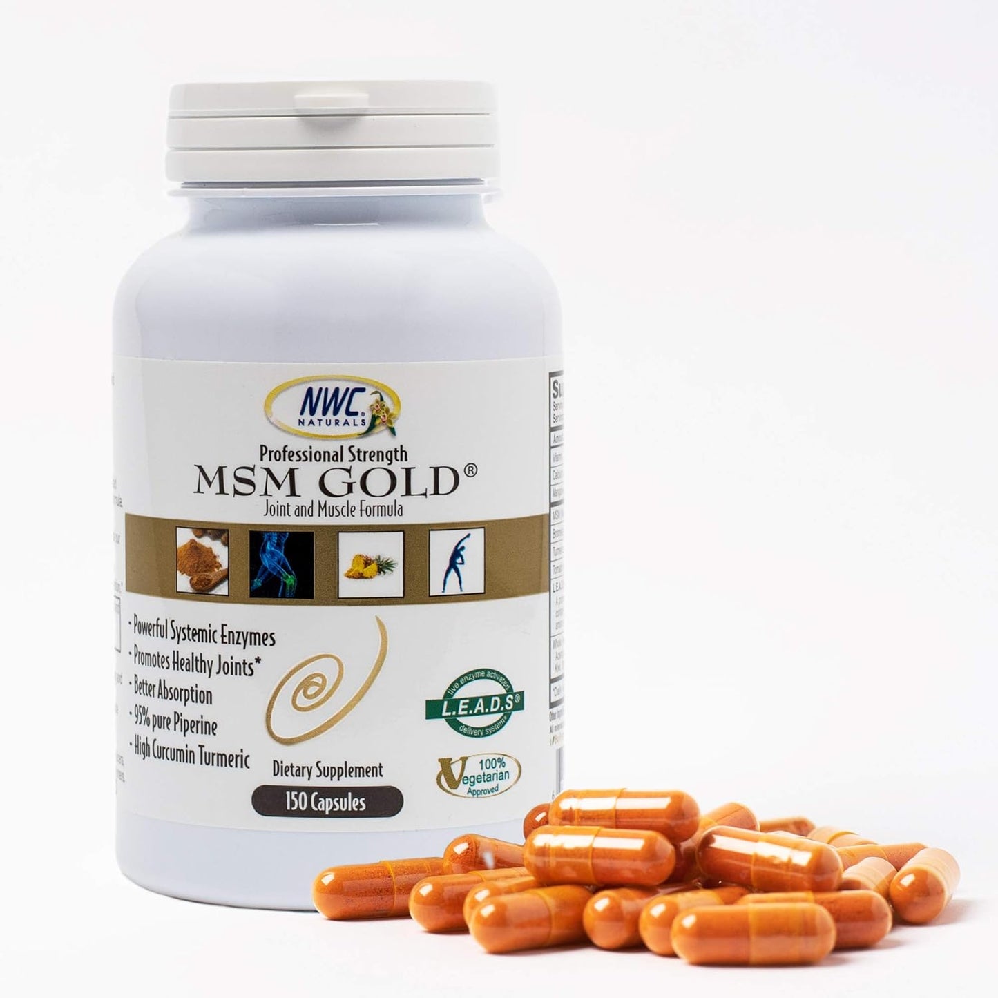 NWC Naturals MSM Gold Systemic Enzyme Capsules - 150 Count, All-Natural Vegetarian Formula for Healthy Joints and Muscles