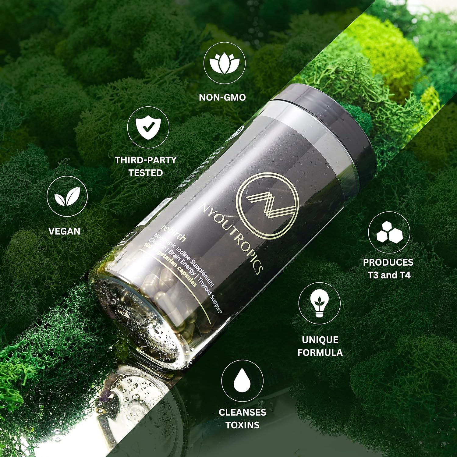 NYOUTROPICS Rebirth Nootropic Iodine Supplement - 180 Vegan Capsules for Brain and Thyroid Support, Non-Accumulating Monovalent Iodine